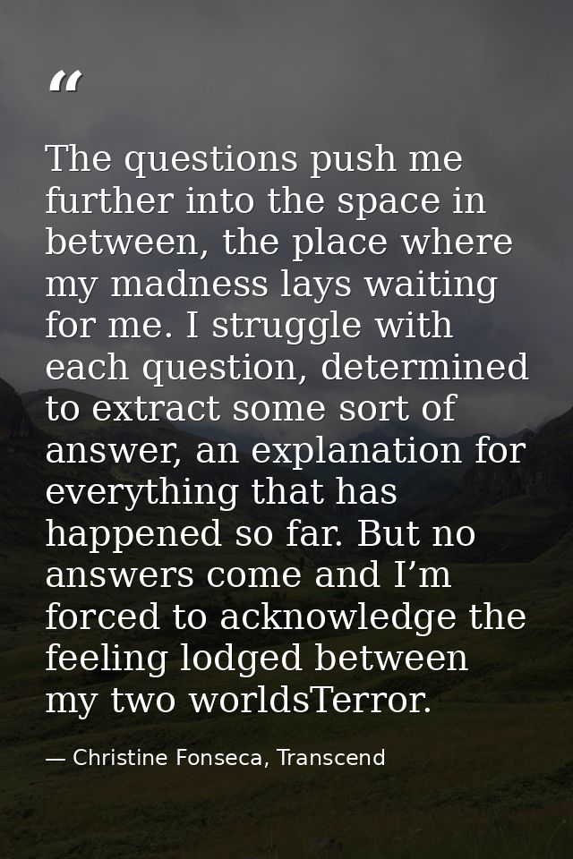 The questions push me further into the space in between, the place where my madness lays waiting for me. I struggle with — Christine Fonseca, Transcend