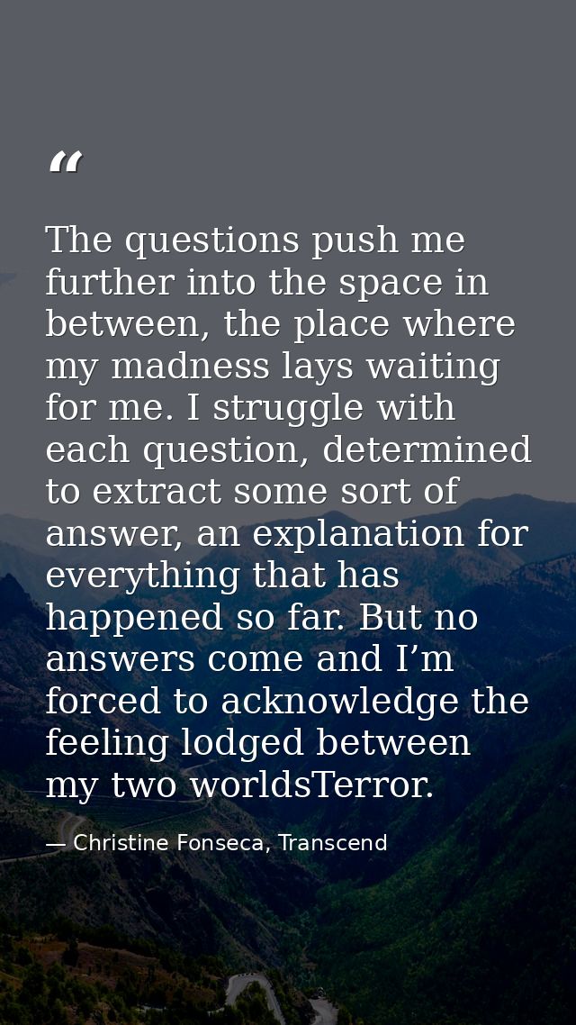 The questions push me further into the space in between, the place where my madness lays waiting for me. I struggle with — Christine Fonseca, Transcend