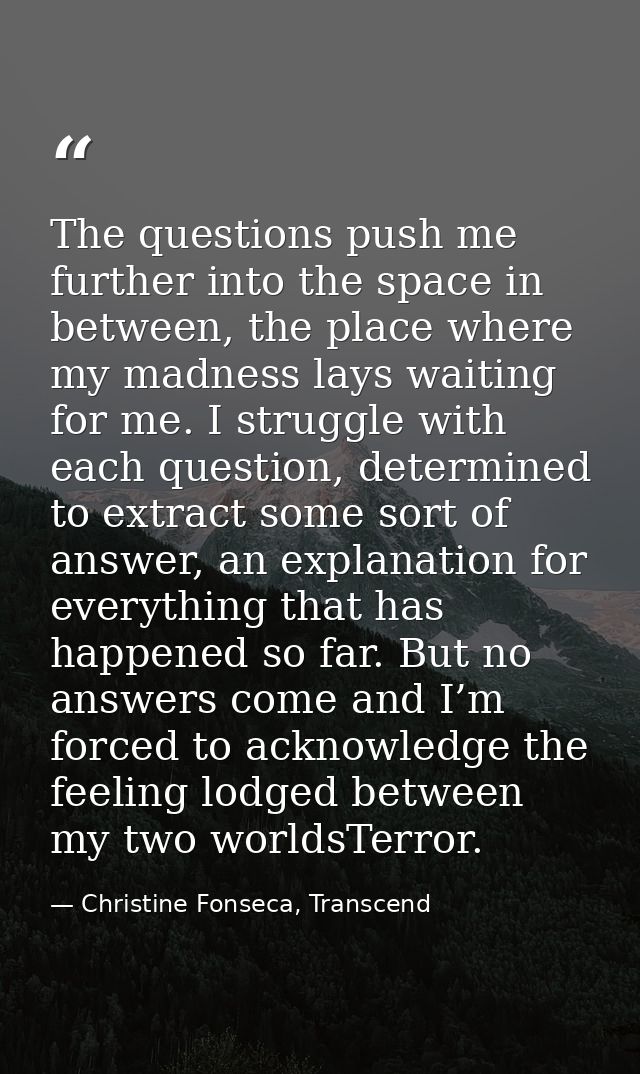 The questions push me further into the space in between, the place where my madness lays waiting for me. I struggle with — Christine Fonseca, Transcend