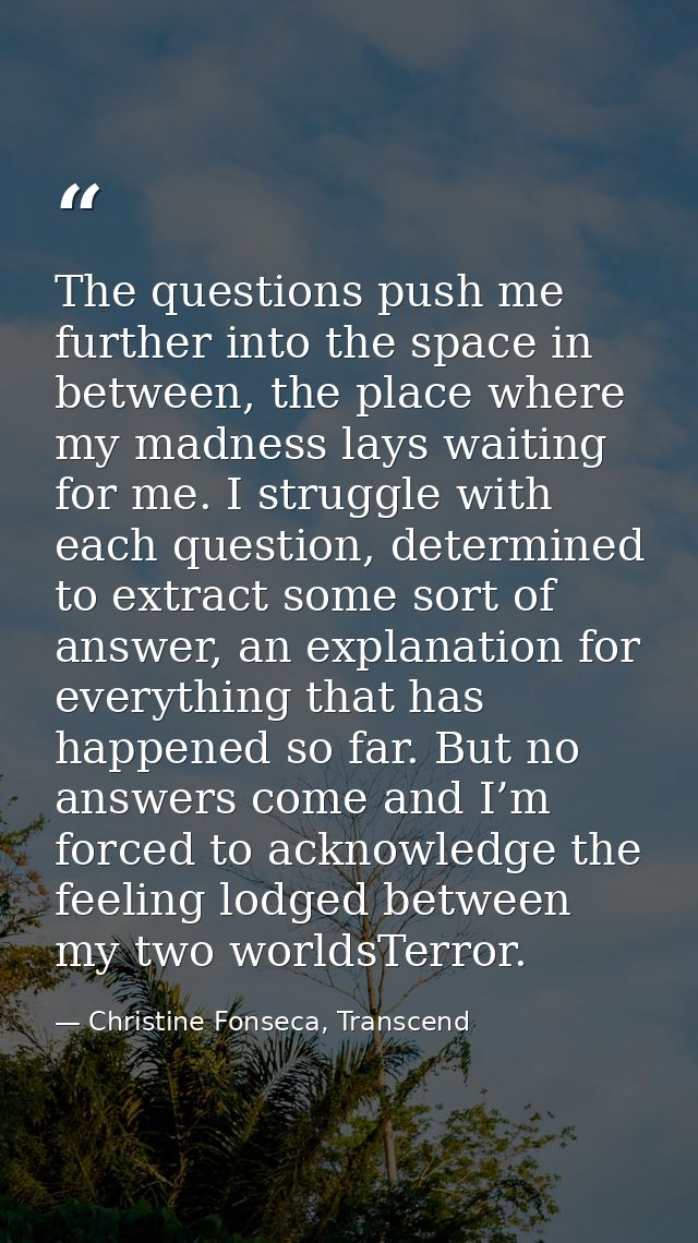 The questions push me further into the space in between, the place where my madness lays waiting for me. I struggle with — Christine Fonseca, Transcend