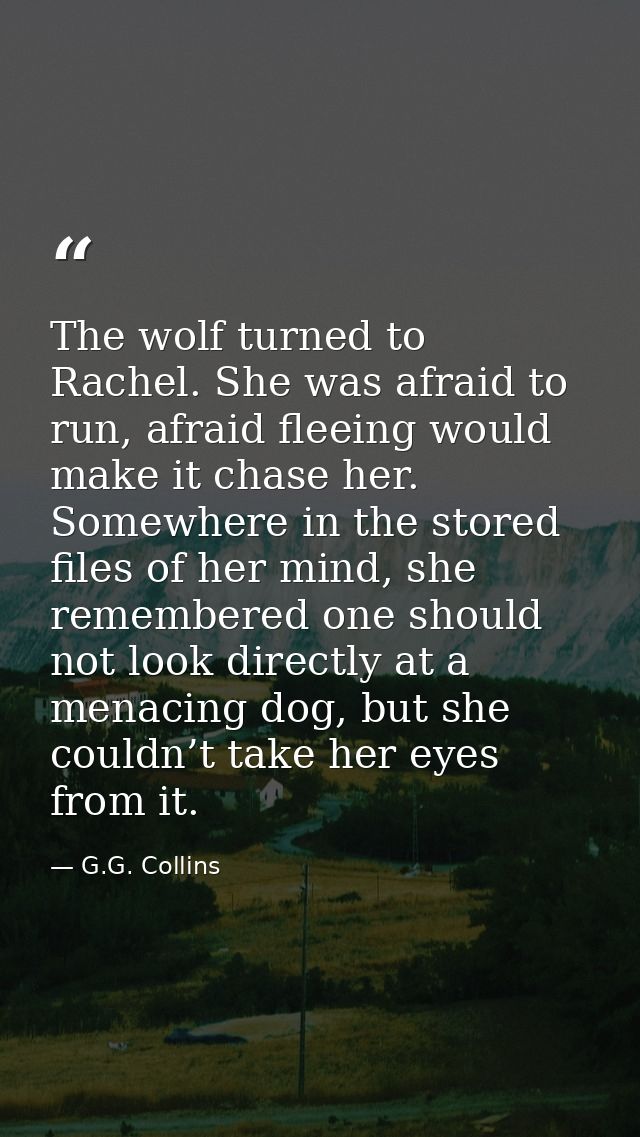 The wolf turned to Rachel. She was afraid to run, afraid fleeing would make it chase her. Somewhere in the stored files  — G.G. Collins