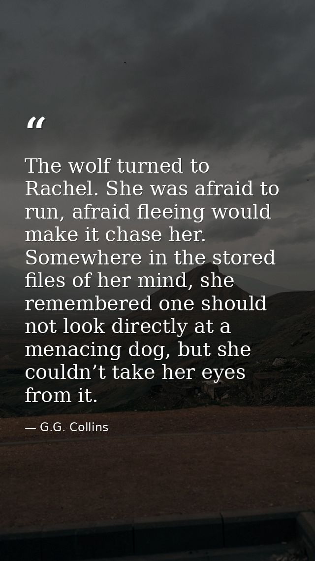 The wolf turned to Rachel. She was afraid to run, afraid fleeing would make it chase her. Somewhere in the stored files  — G.G. Collins
