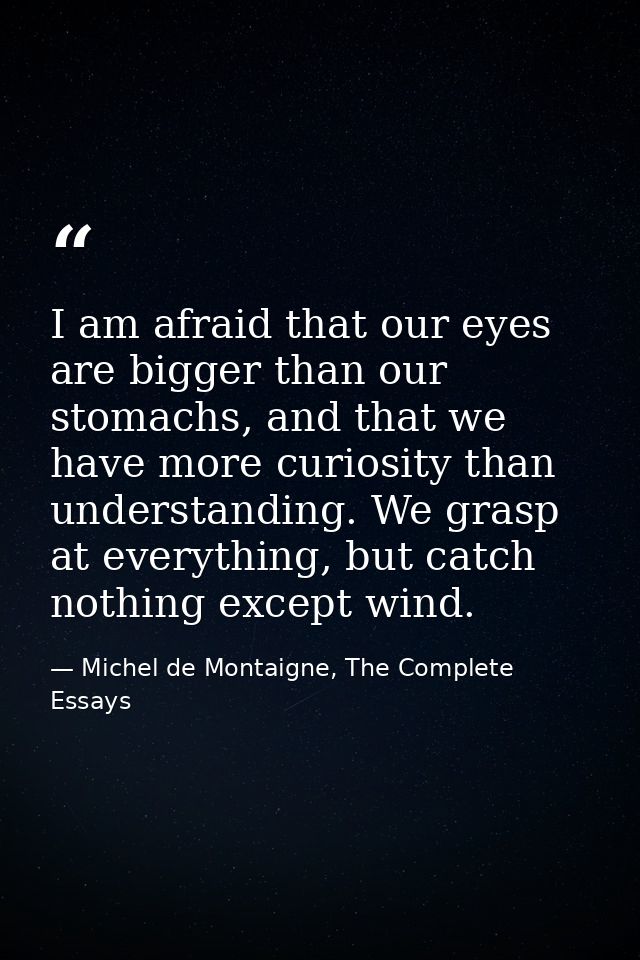 I am afraid that our eyes are bigger than our stomachs, and that we have more curiosity than understanding. We grasp at  — Michel de Montaigne, The Complete Essays