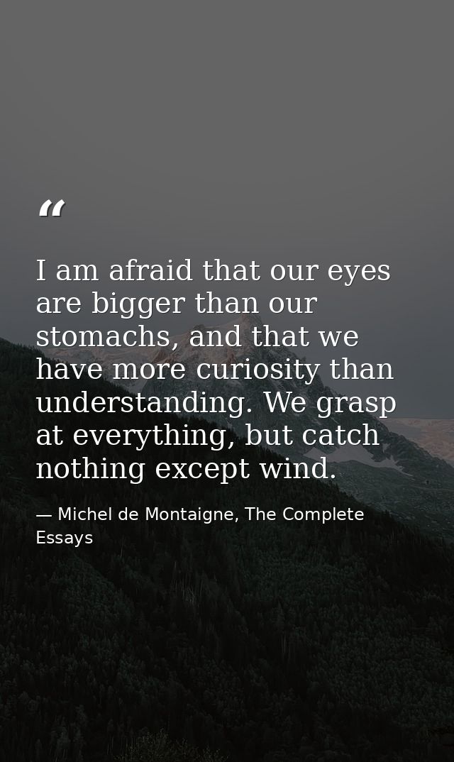I am afraid that our eyes are bigger than our stomachs, and that we have more curiosity than understanding. We grasp at  — Michel de Montaigne, The Complete Essays
