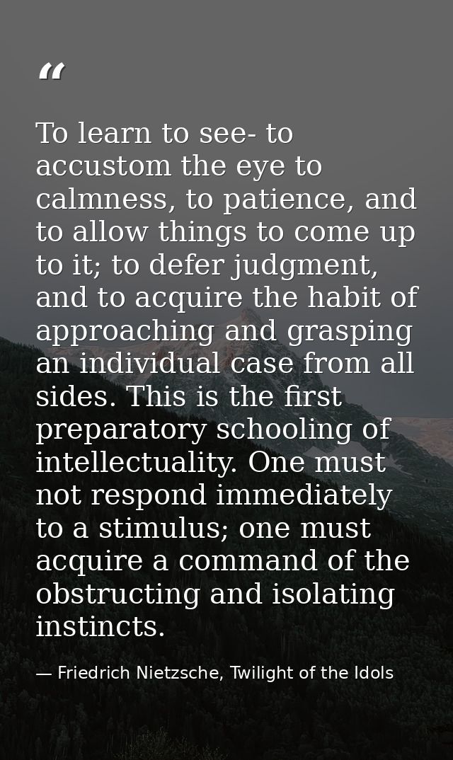 To learn to see- to accustom the eye to calmness, to patience, and to allow things to come up to it; to defer judgment,  — Friedrich Nietzsche, Twilight of the Idols