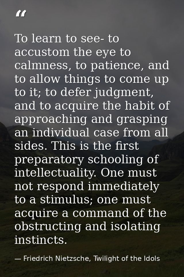 To learn to see- to accustom the eye to calmness, to patience, and to allow things to come up to it; to defer judgment,  — Friedrich Nietzsche, Twilight of the Idols
