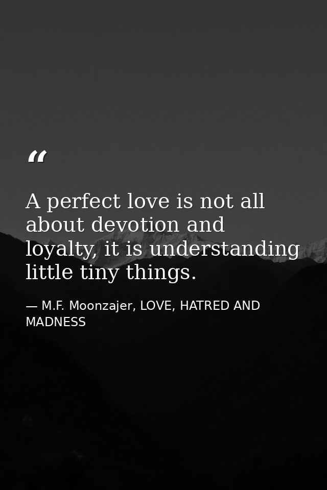A perfect love is not all about devotion and loyalty, it is understanding little tiny things. — M.F. Moonzajer, LOVE, HATRED AND MADNESS