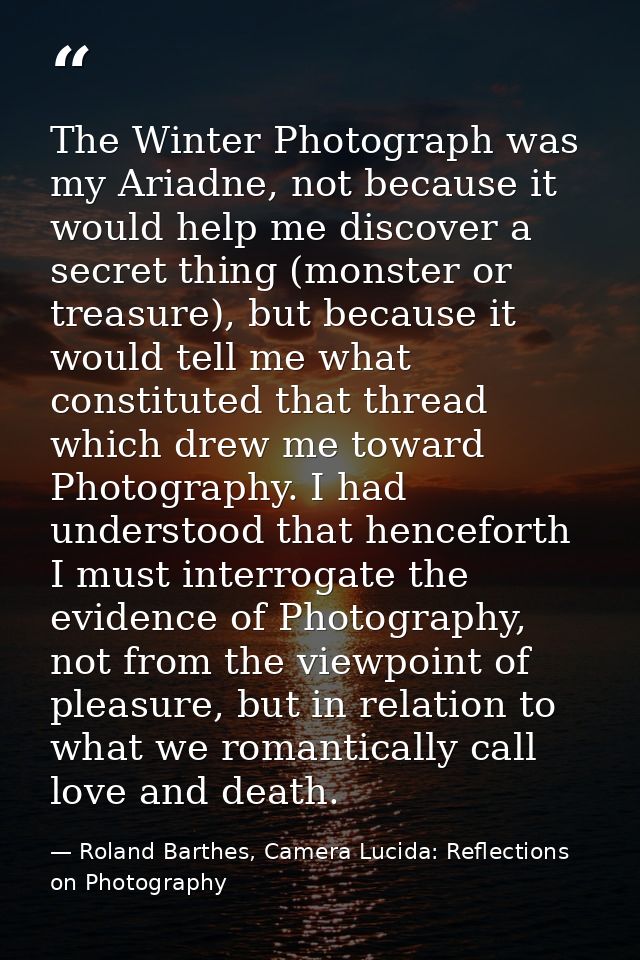 The Winter Photograph was my Ariadne, not because it would help me discover a secret thing (monster or treasure), but be — Roland Barthes, Camera Lucida: Reflections on Photography