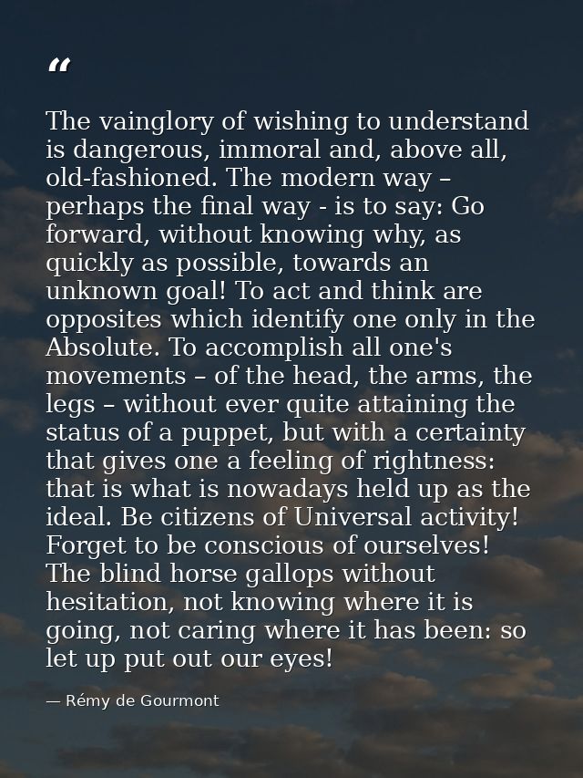 The vainglory of wishing to understand is dangerous, immoral and, above all, old-fashioned. The modern way – perhaps the — Rémy de Gourmont