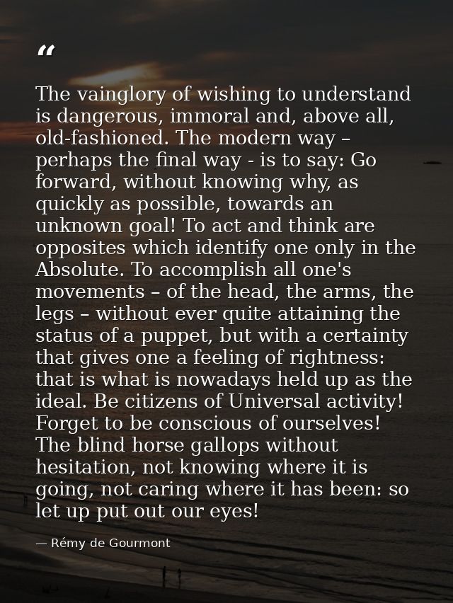 The vainglory of wishing to understand is dangerous, immoral and, above all, old-fashioned. The modern way – perhaps the — Rémy de Gourmont
