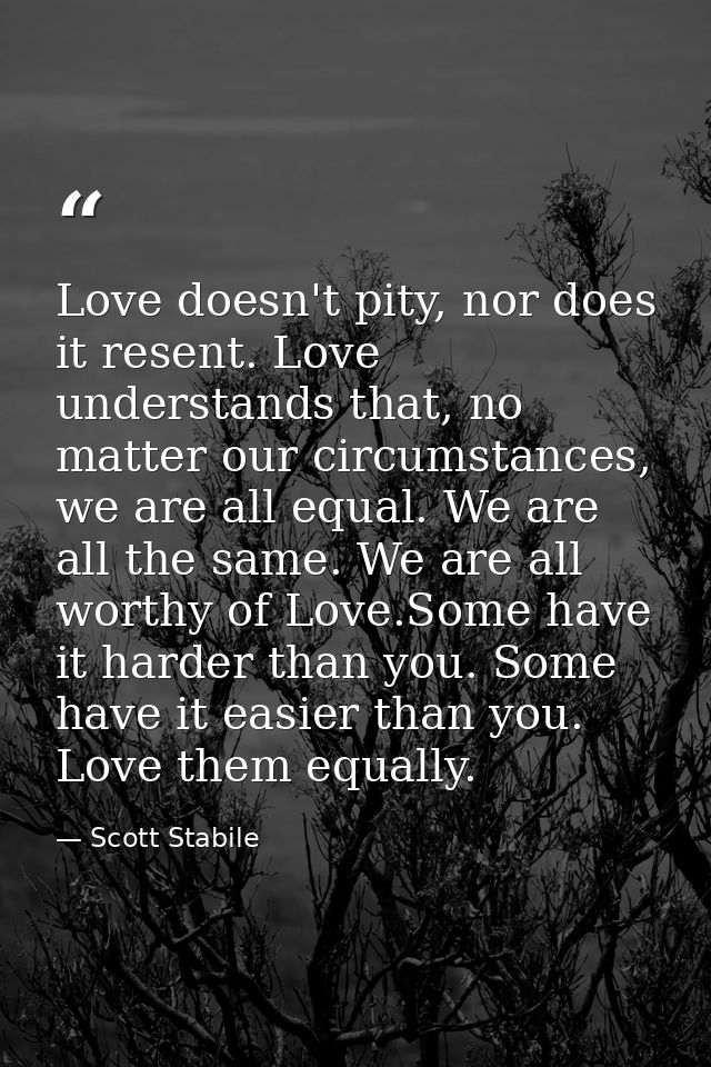 Love doesn't pity, nor does it resent. Love understands that, no matter our circumstances, we are all equal. We are all  — Scott Stabile