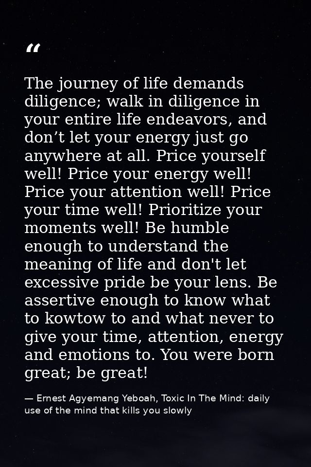The journey of life demands diligence; walk in diligence in your entire life endeavors, and don’t let your energy just g — Ernest Agyemang Yeboah, Toxic In The Mind: daily use of the mind that kills you slowly