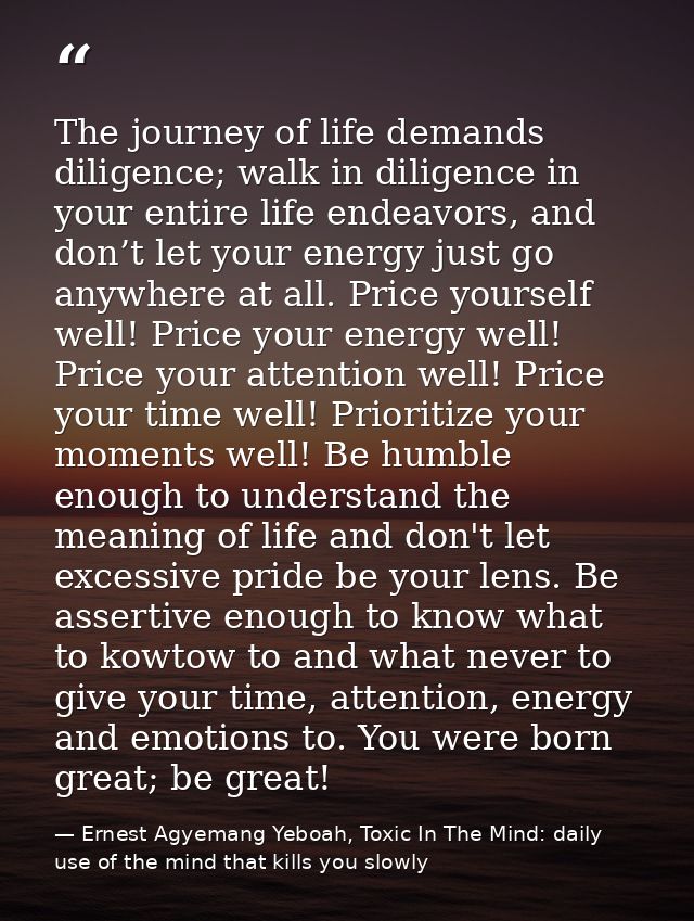 The journey of life demands diligence; walk in diligence in your entire life endeavors, and don’t let your energy just g — Ernest Agyemang Yeboah, Toxic In The Mind: daily use of the mind that kills you slowly