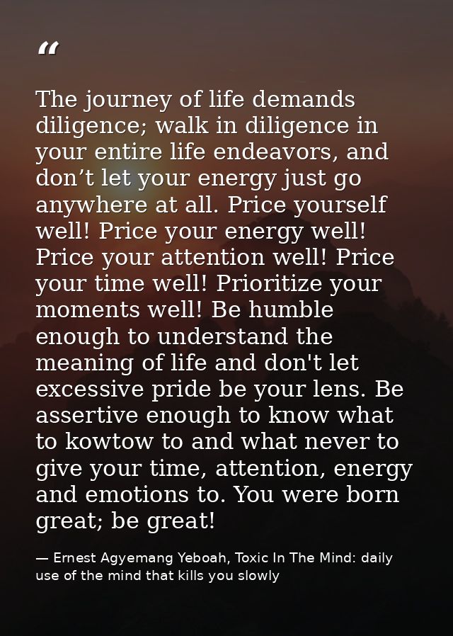The journey of life demands diligence; walk in diligence in your entire life endeavors, and don’t let your energy just g — Ernest Agyemang Yeboah, Toxic In The Mind: daily use of the mind that kills you slowly