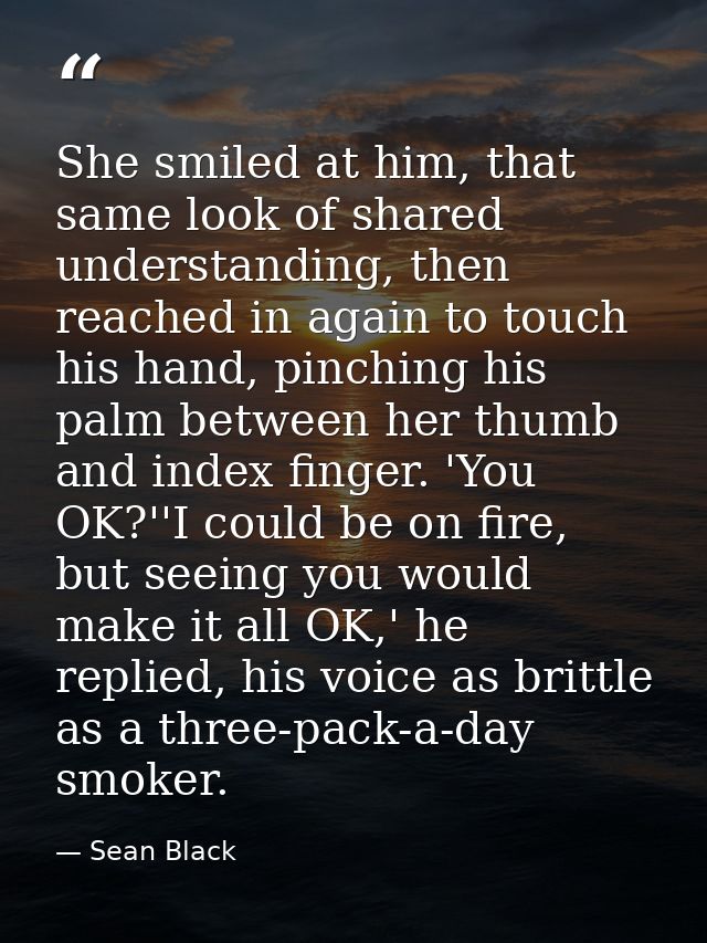 She smiled at him, that same look of shared understanding, then reached in again to touch his hand, pinching his palm be — Sean Black