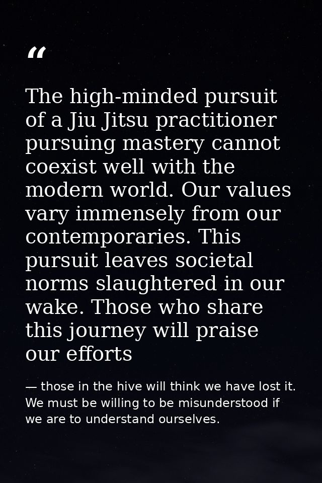 The high-minded pursuit of a Jiu Jitsu practitioner pursuing mastery cannot coexist well with the modern world. Our valu — those in the hive will think we have lost it. We must be willing to be misunderstood if we are to understand ourselves.
