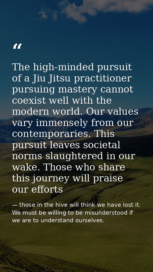 The high-minded pursuit of a Jiu Jitsu practitioner pursuing mastery cannot coexist well with the modern world. Our valu — those in the hive will think we have lost it. We must be willing to be misunderstood if we are to understand ourselves.