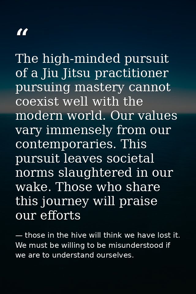 The high-minded pursuit of a Jiu Jitsu practitioner pursuing mastery cannot coexist well with the modern world. Our valu — those in the hive will think we have lost it. We must be willing to be misunderstood if we are to understand ourselves.