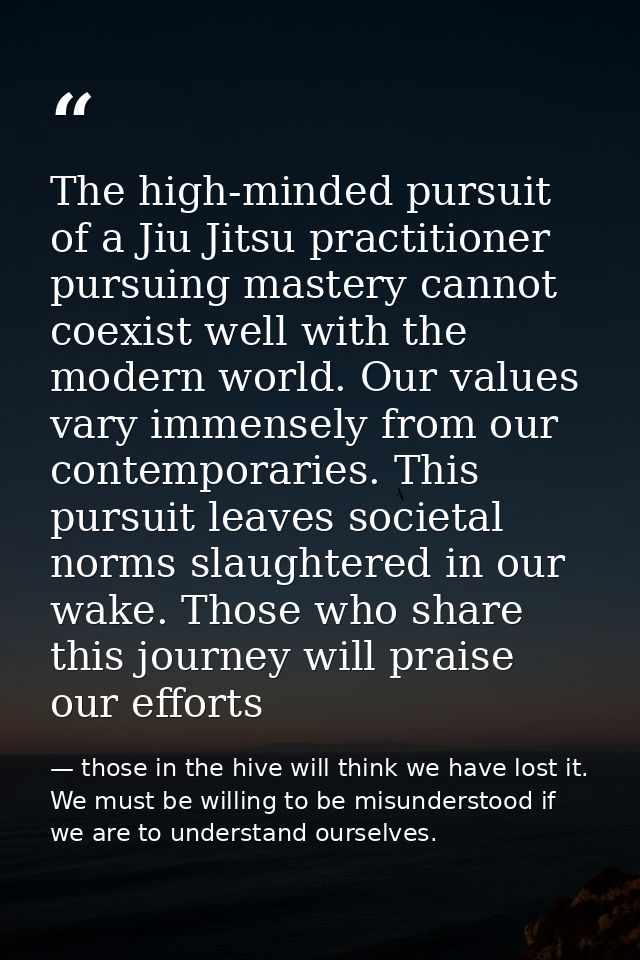 The high-minded pursuit of a Jiu Jitsu practitioner pursuing mastery cannot coexist well with the modern world. Our valu — those in the hive will think we have lost it. We must be willing to be misunderstood if we are to understand ourselves.