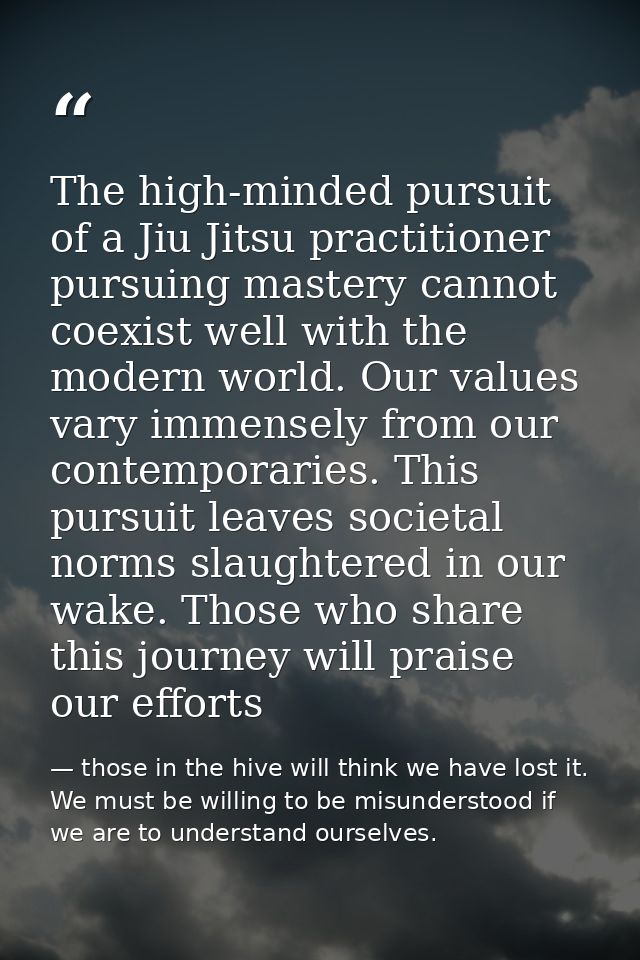 The high-minded pursuit of a Jiu Jitsu practitioner pursuing mastery cannot coexist well with the modern world. Our valu — those in the hive will think we have lost it. We must be willing to be misunderstood if we are to understand ourselves.