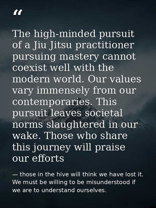 The high-minded pursuit of a Jiu Jitsu practitioner pursuing mastery cannot coexist well with the modern world. Our valu — those in the hive will think we have lost it. We must be willing to be misunderstood if we are to understand ourselves.