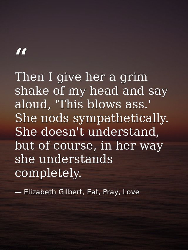 Then I give her a grim shake of my head and say aloud, 'This blows ass.' She nods sympathetically. She doesn't understan — Elizabeth Gilbert, Eat, Pray, Love