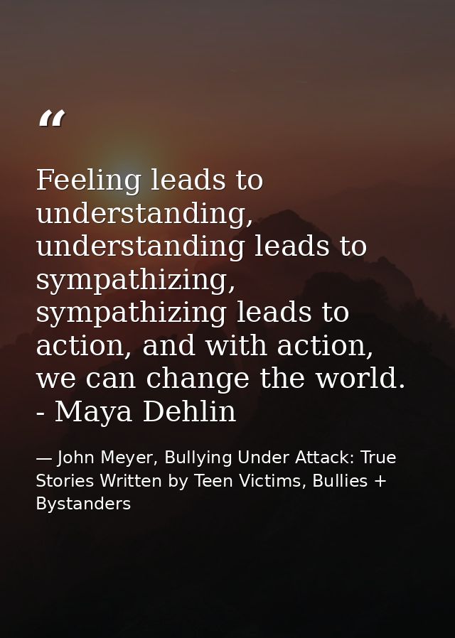 Feeling leads to understanding, understanding leads to sympathizing, sympathizing leads to action, and with action, we c — John Meyer, Bullying Under Attack: True Stories Written by Teen Victims, Bullies + Bystanders