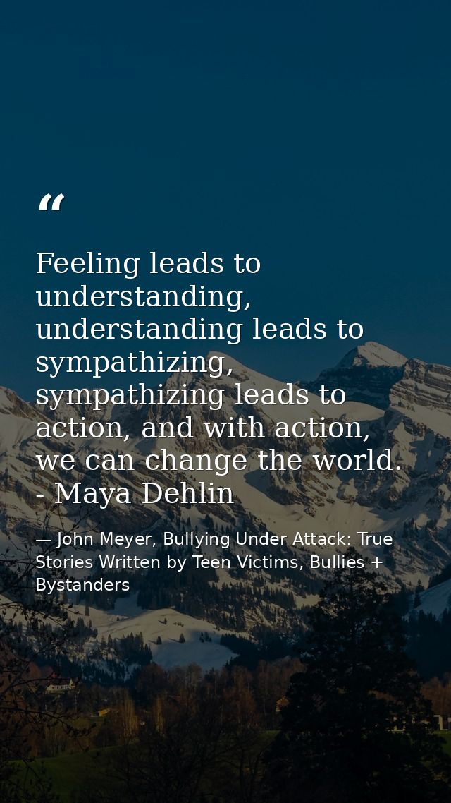 Feeling leads to understanding, understanding leads to sympathizing, sympathizing leads to action, and with action, we c — John Meyer, Bullying Under Attack: True Stories Written by Teen Victims, Bullies + Bystanders