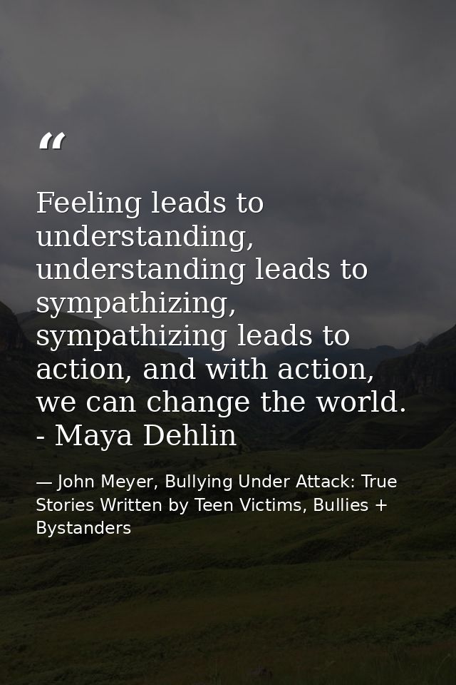 Feeling leads to understanding, understanding leads to sympathizing, sympathizing leads to action, and with action, we c — John Meyer, Bullying Under Attack: True Stories Written by Teen Victims, Bullies + Bystanders