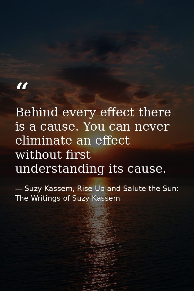 Behind every effect there is a cause. You can never eliminate an effect without first understanding its cause. — Suzy Kassem, Rise Up and Salute the Sun: The Writings of Suzy Kassem