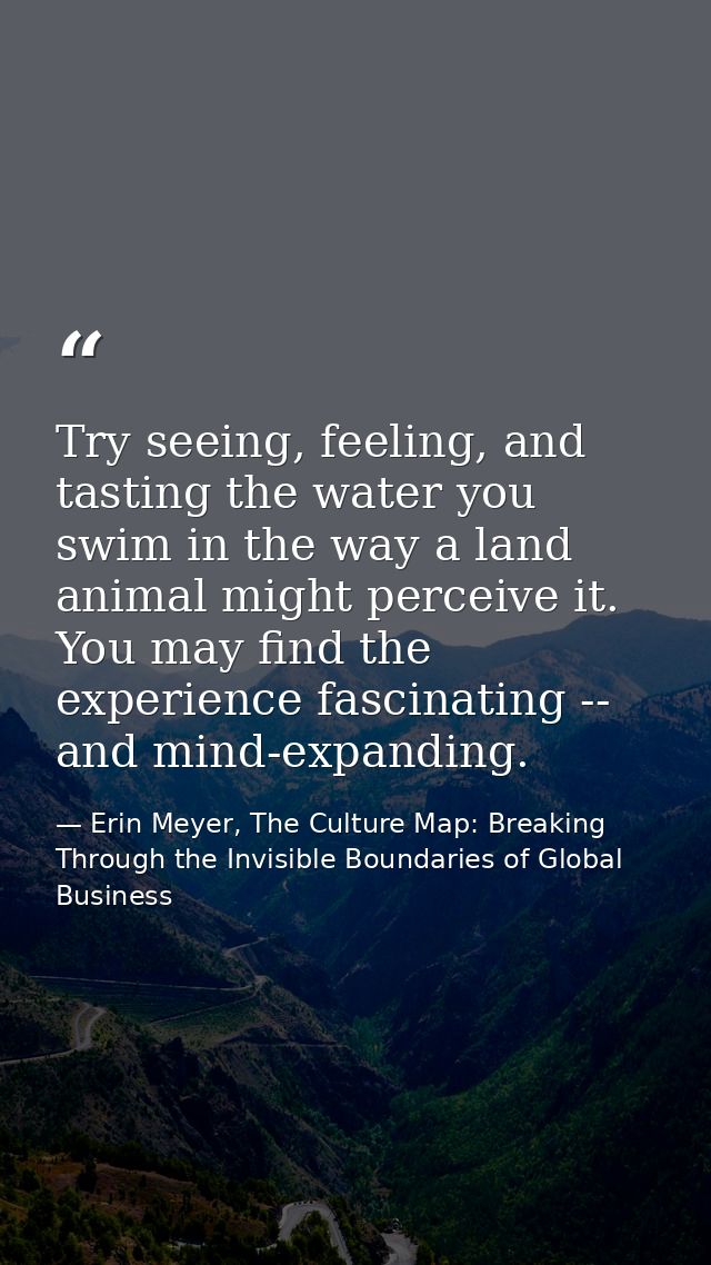 Try seeing, feeling, and tasting the water you swim in the way a land animal might perceive it. You may find the experie — Erin Meyer, The Culture Map: Breaking Through the Invisible Boundaries of Global Business