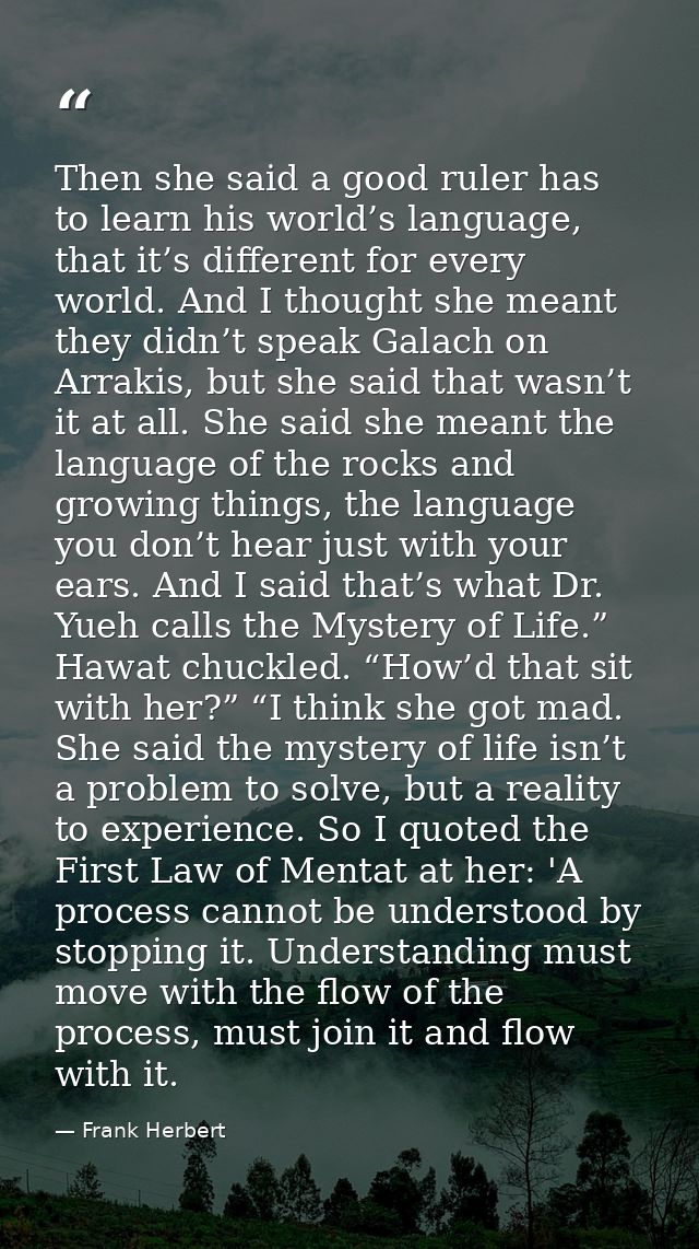 Then she said a good ruler has to learn his world’s language, that it’s different for every world. And I thought she mea — Frank Herbert