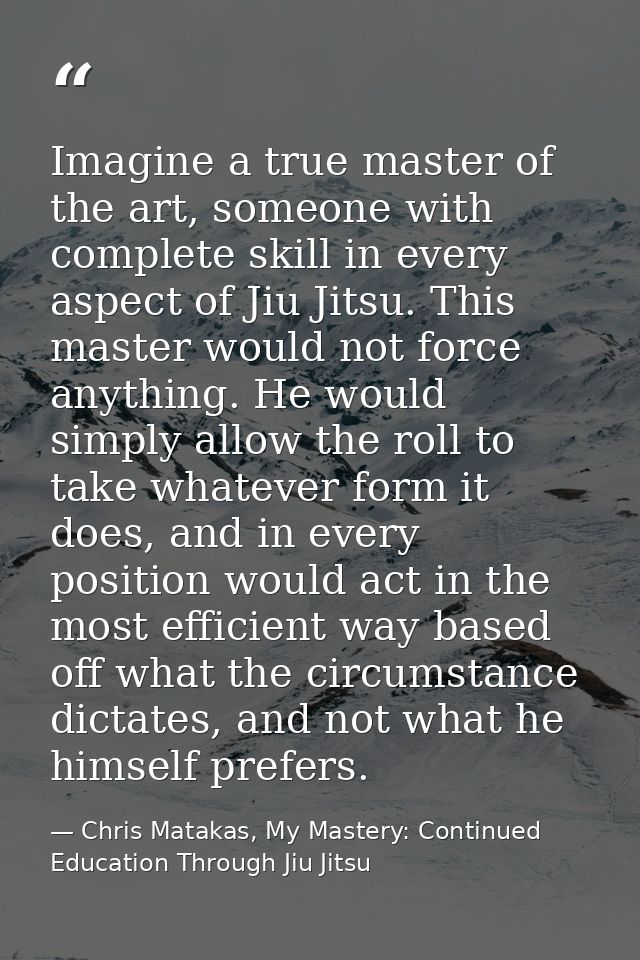 Imagine a true master of the art, someone with complete skill in every aspect of Jiu Jitsu. This master would not force  — Chris Matakas, My Mastery: Continued Education Through Jiu Jitsu
