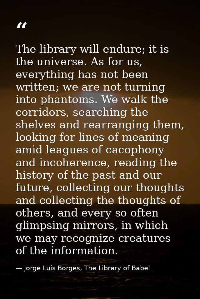 The library will endure; it is the universe. As for us, everything has not been written; we are not turning into phantom — Jorge Luis Borges, The Library of Babel
