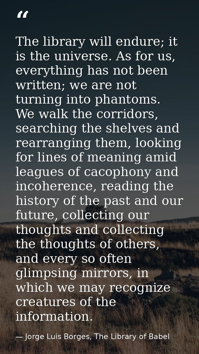 The library will endure; it is the universe. As for us, everything has not been written; we are not turning into phantom — Jorge Luis Borges, The Library of Babel