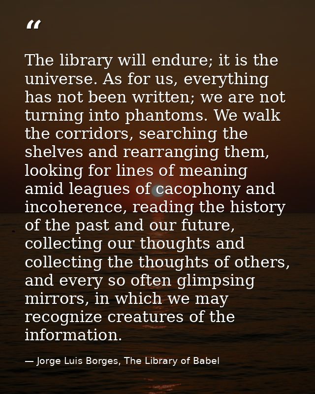 The library will endure; it is the universe. As for us, everything has not been written; we are not turning into phantom — Jorge Luis Borges, The Library of Babel