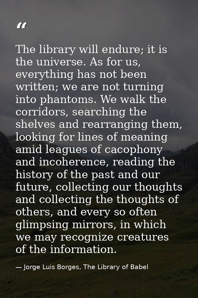 The library will endure; it is the universe. As for us, everything has not been written; we are not turning into phantom — Jorge Luis Borges, The Library of Babel