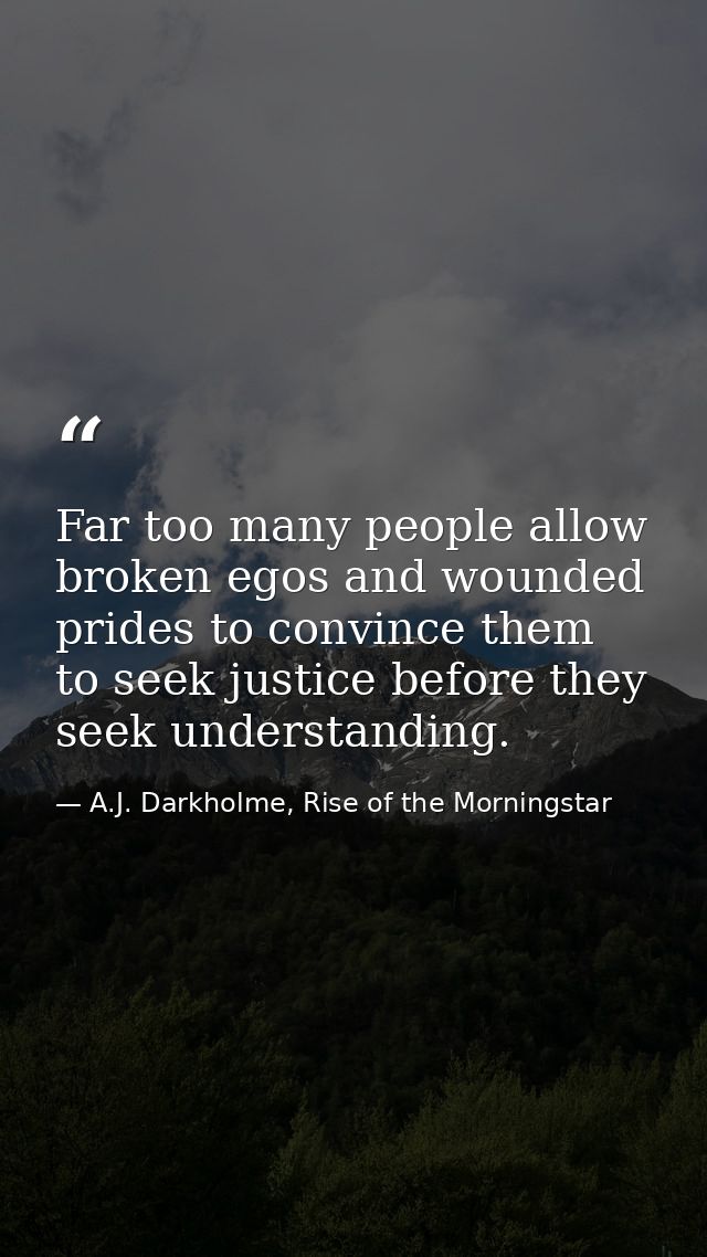 Far too many people allow broken egos and wounded prides to convince them to seek justice before they seek understanding — A.J. Darkholme, Rise of the Morningstar