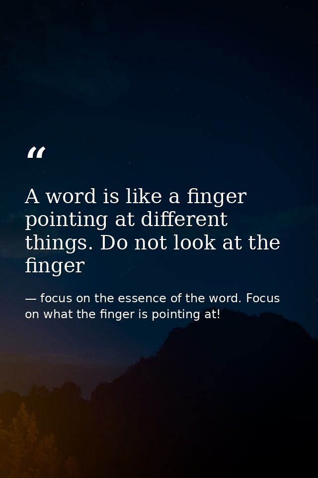 A word is like a finger pointing at different things. Do not look at the finger — focus on the essence of the word. Focus on what the finger is pointing at!