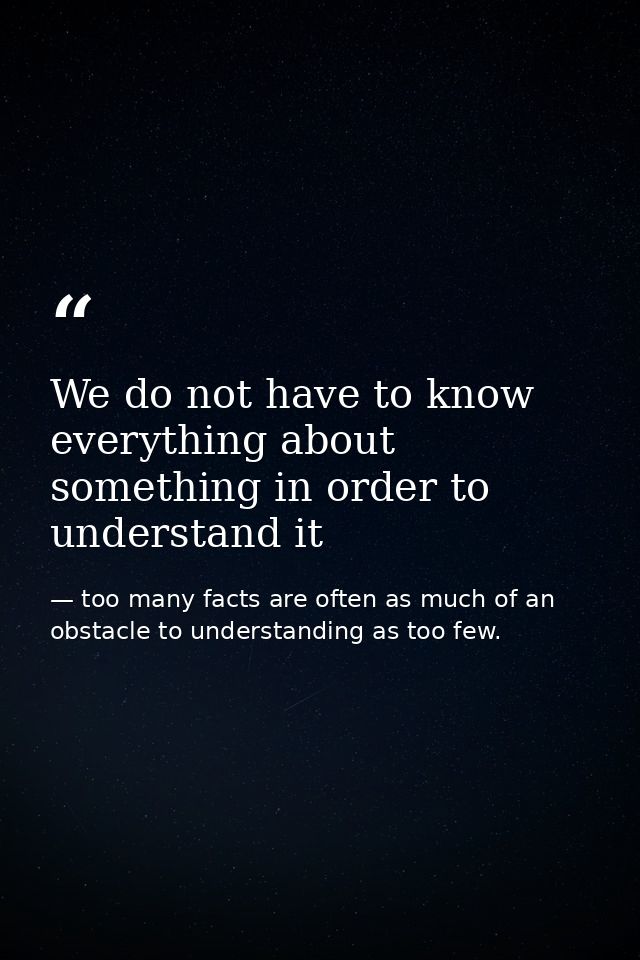 We do not have to know everything about something in order to understand it — too many facts are often as much of an obstacle to understanding as too few.