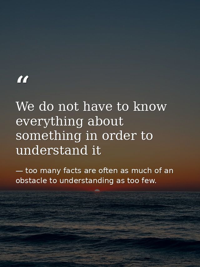 We do not have to know everything about something in order to understand it — too many facts are often as much of an obstacle to understanding as too few.