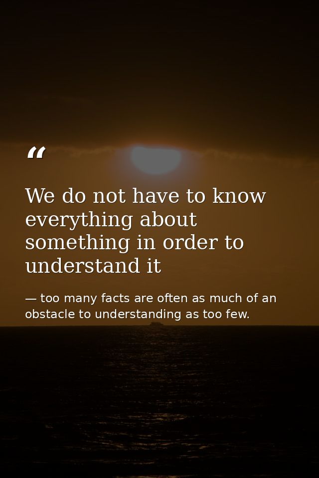 We do not have to know everything about something in order to understand it — too many facts are often as much of an obstacle to understanding as too few.