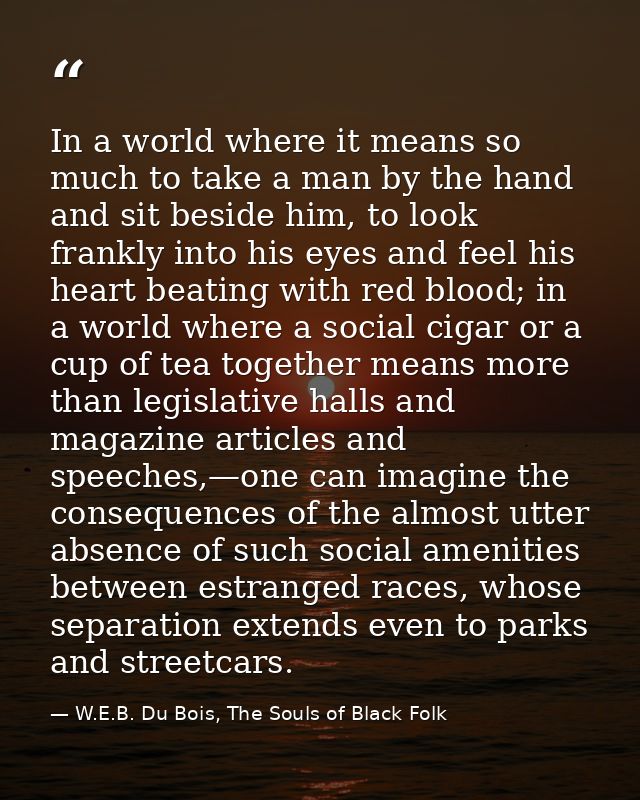 In a world where it means so much to take a man by the hand and sit beside him, to look frankly into his eyes and feel h — W.E.B. Du Bois, The Souls of Black Folk