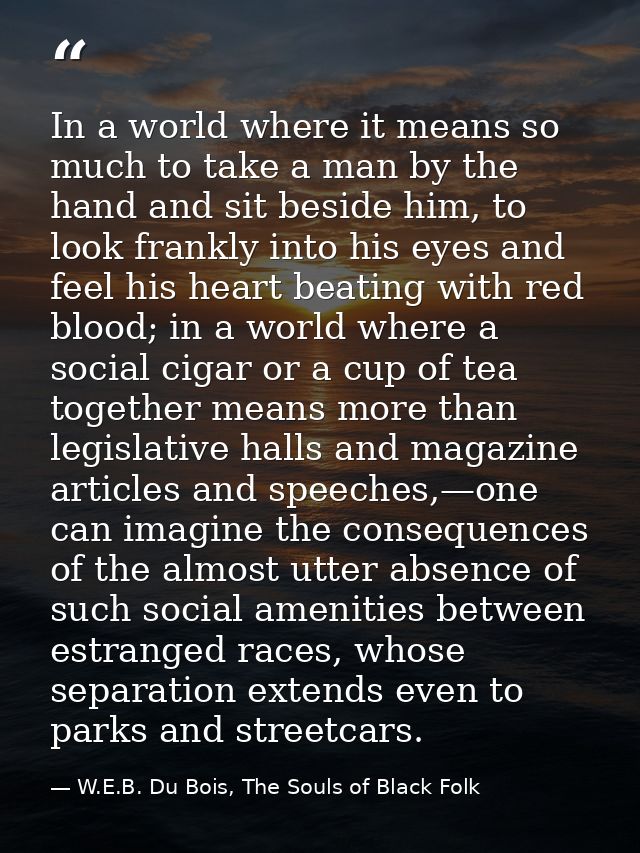 In a world where it means so much to take a man by the hand and sit beside him, to look frankly into his eyes and feel h — W.E.B. Du Bois, The Souls of Black Folk