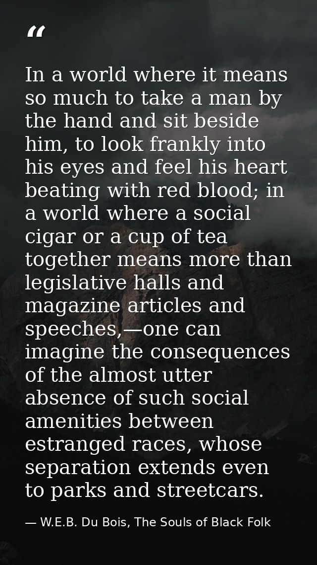 In a world where it means so much to take a man by the hand and sit beside him, to look frankly into his eyes and feel h — W.E.B. Du Bois, The Souls of Black Folk