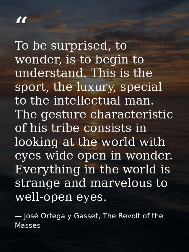 To be surprised, to wonder, is to begin to understand. This is the sport, the luxury, special to the intellectual man. T — José Ortega y Gasset, The Revolt of the Masses