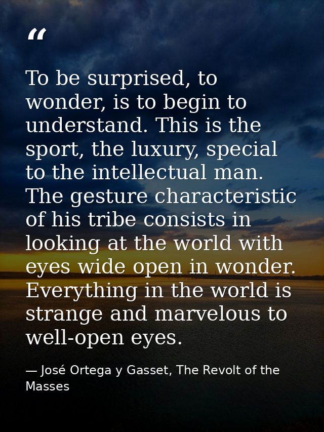 To be surprised, to wonder, is to begin to understand. This is the sport, the luxury, special to the intellectual man. T — José Ortega y Gasset, The Revolt of the Masses
