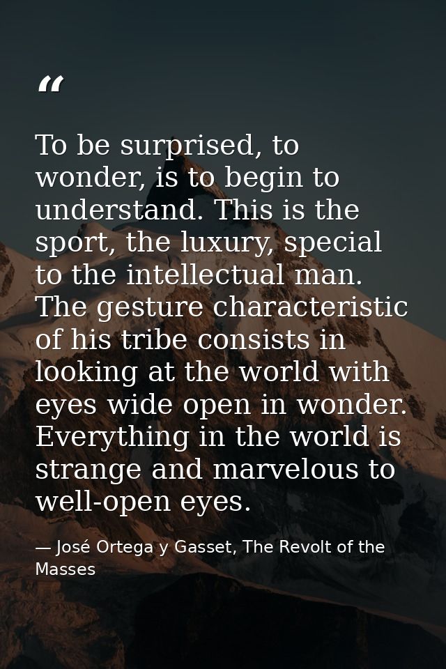 To be surprised, to wonder, is to begin to understand. This is the sport, the luxury, special to the intellectual man. T — José Ortega y Gasset, The Revolt of the Masses