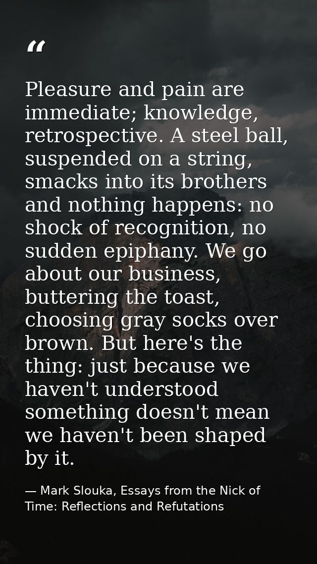 Pleasure and pain are immediate; knowledge, retrospective. A steel ball, suspended on a string, smacks into its brothers — Mark Slouka, Essays from the Nick of Time: Reflections and Refutations