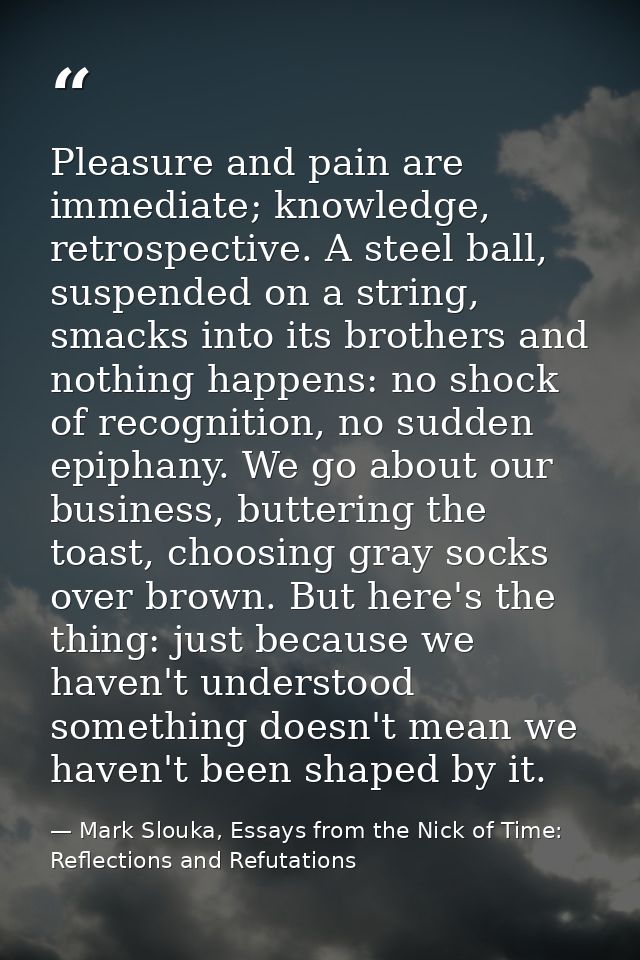 Pleasure and pain are immediate; knowledge, retrospective. A steel ball, suspended on a string, smacks into its brothers — Mark Slouka, Essays from the Nick of Time: Reflections and Refutations